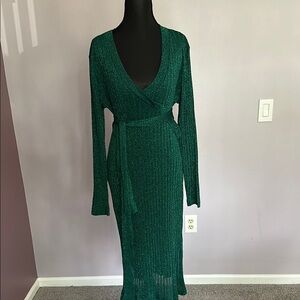 Green Ribbed V-Neck Bandage Long Sleeve Midi Dress